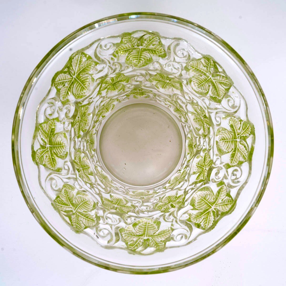 1938 René Lalique - Vase Seau à Champagne Reims Verre Blanc Patiné Vert-photo-4