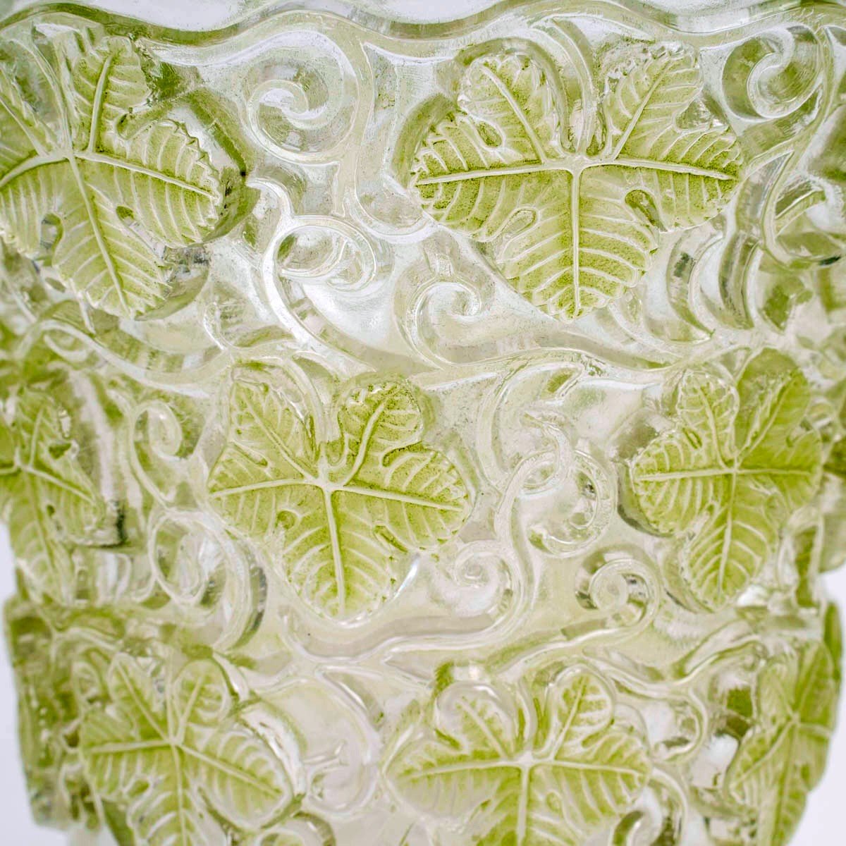 1938 René Lalique - Vase Seau à Champagne Reims Verre Blanc Patiné Vert-photo-1