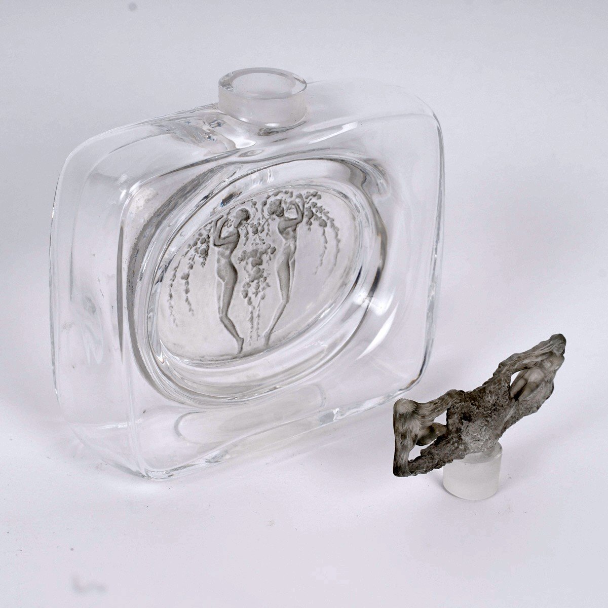 1912 René Lalique - Perfume Bottle Two Figurines Glass With Grey Patina-photo-3