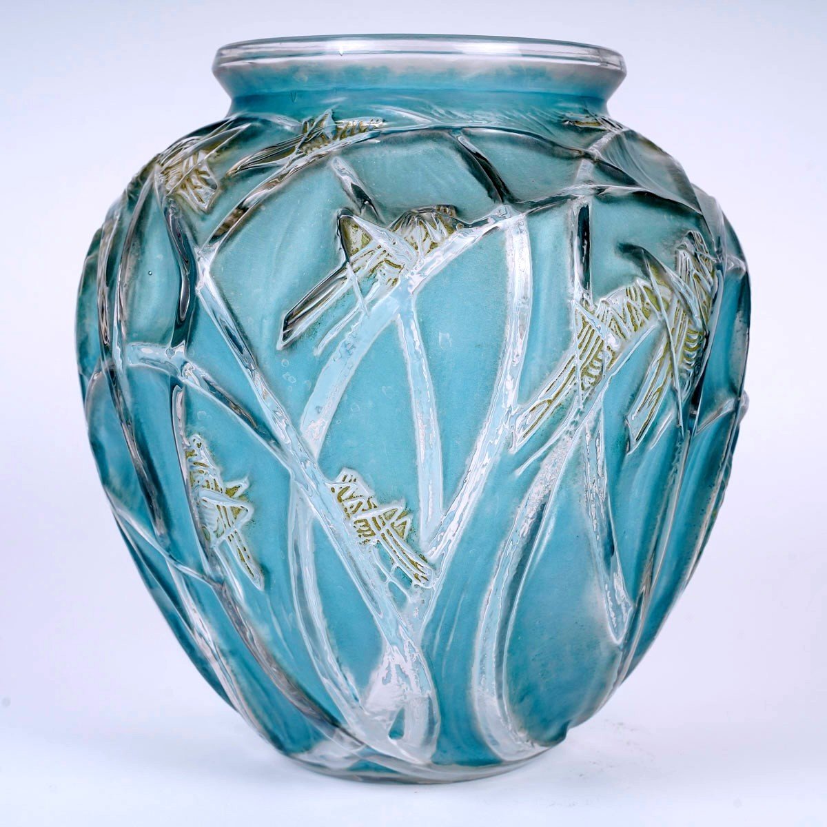 1912 René Lalique - Vase Sauterelles Verre Blanc Patiné Bleu Et Vert-photo-2