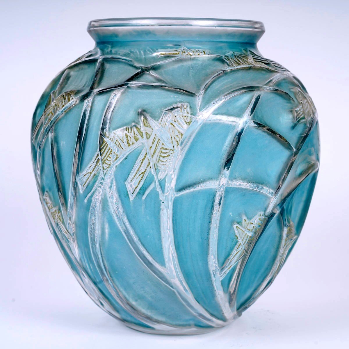 1912 René Lalique - Vase Sauterelles Verre Blanc Patiné Bleu Et Vert-photo-3