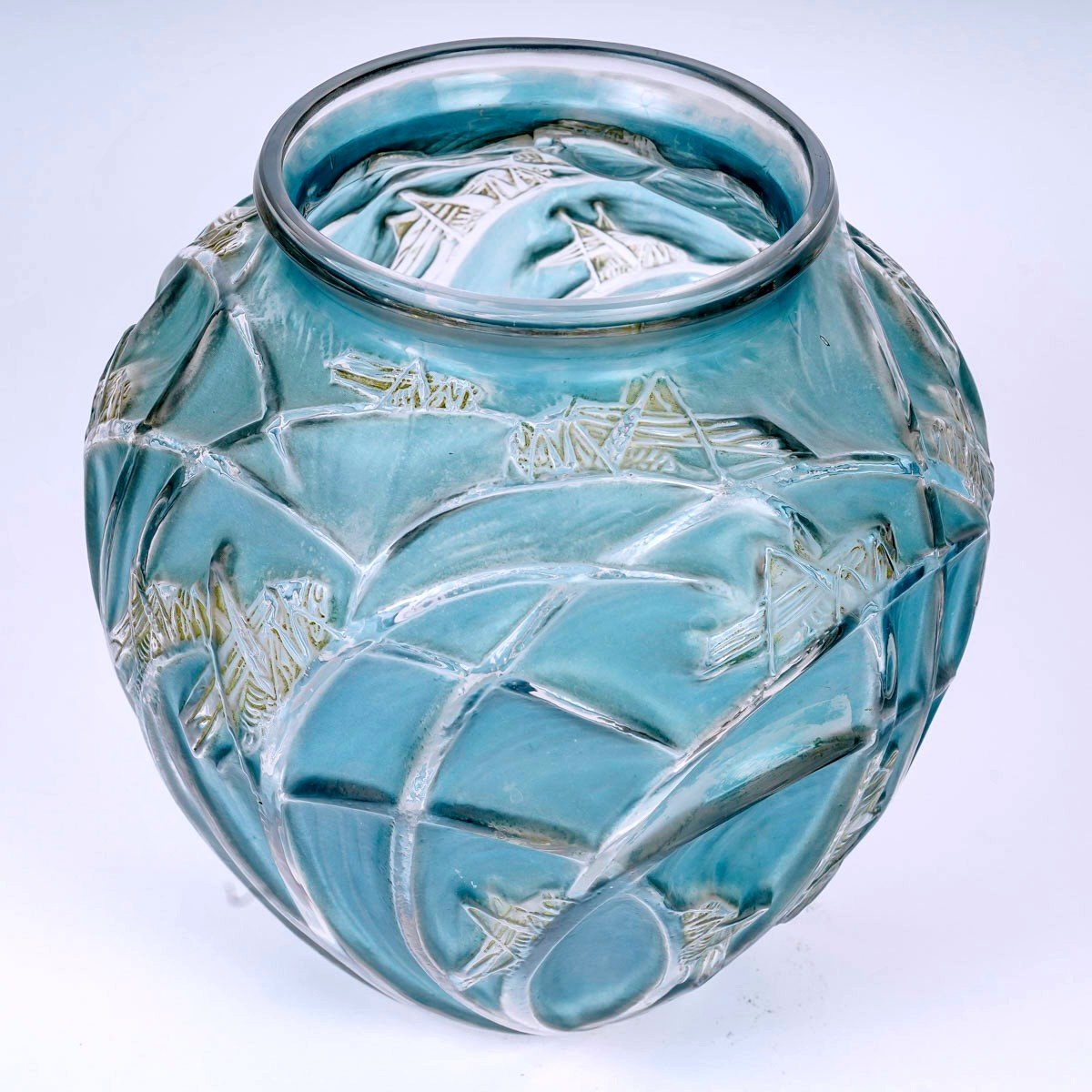 1912 René Lalique - Vase Sauterelles Verre Blanc Patiné Bleu Et Vert-photo-4