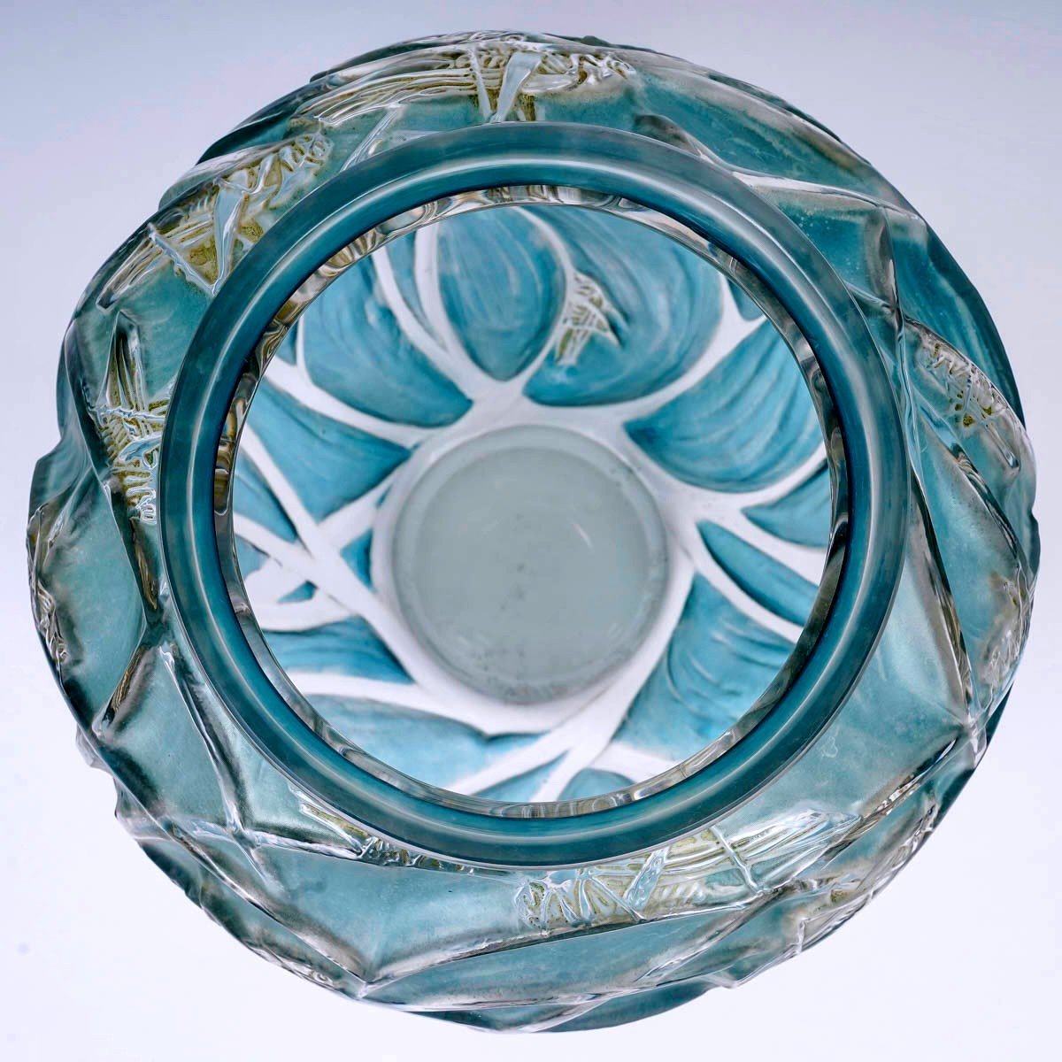 1912 René Lalique - Vase Sauterelles Verre Blanc Patiné Bleu Et Vert-photo-2