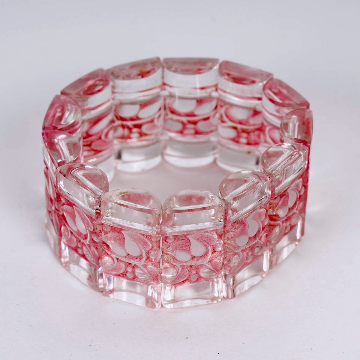 1928 René Lalique - Bracelet Art Déco Cerisier Verre Blanc Patiné Rose-photo-2