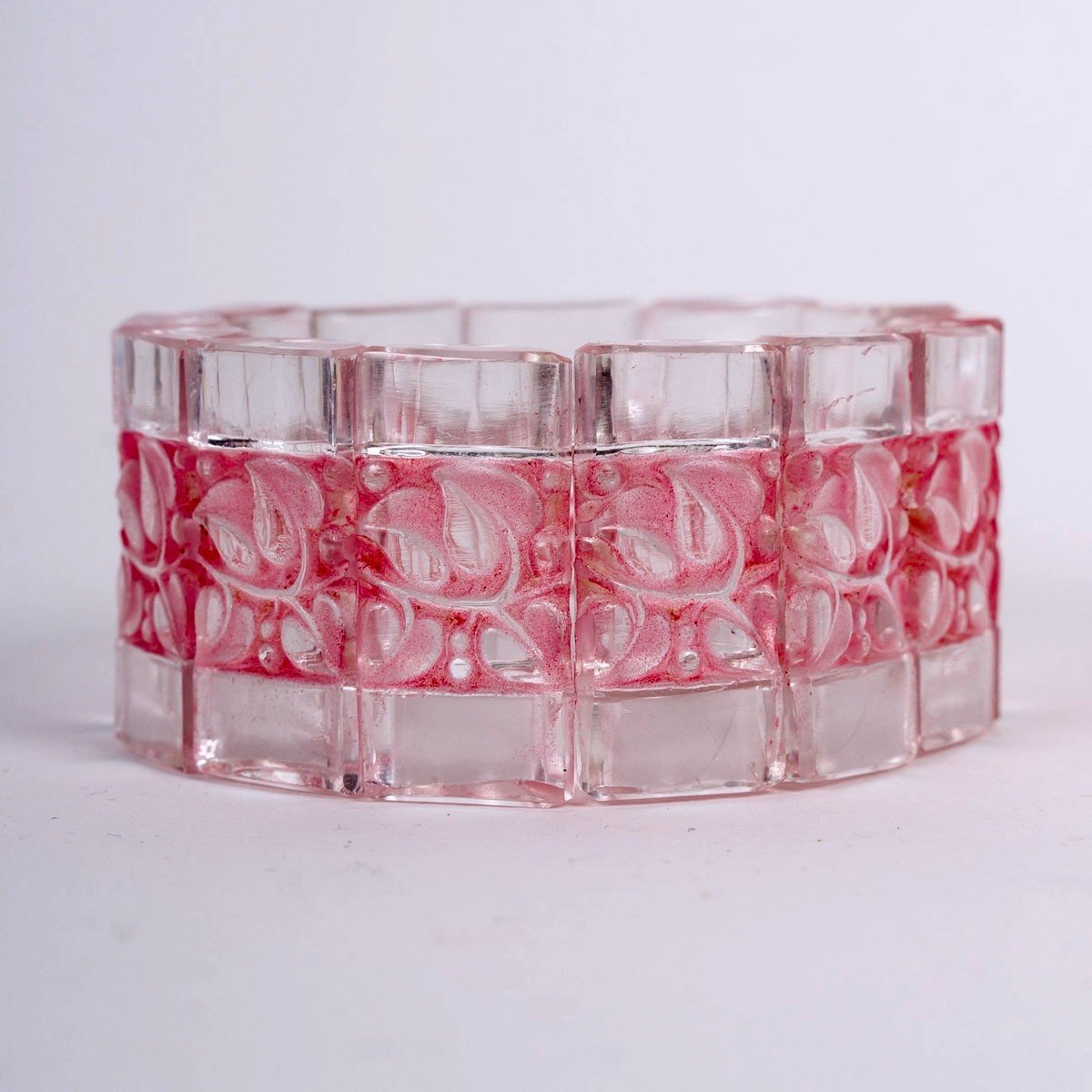 1928 René Lalique - Bracelet Art Déco Cerisier Verre Blanc Patiné Rose