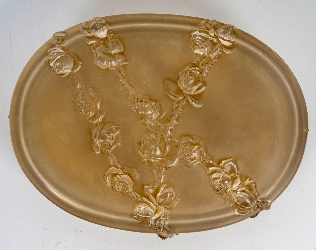 1913 René Lalique - Box Roses En Relief Frosted Glass With Sepia Patina-photo-3