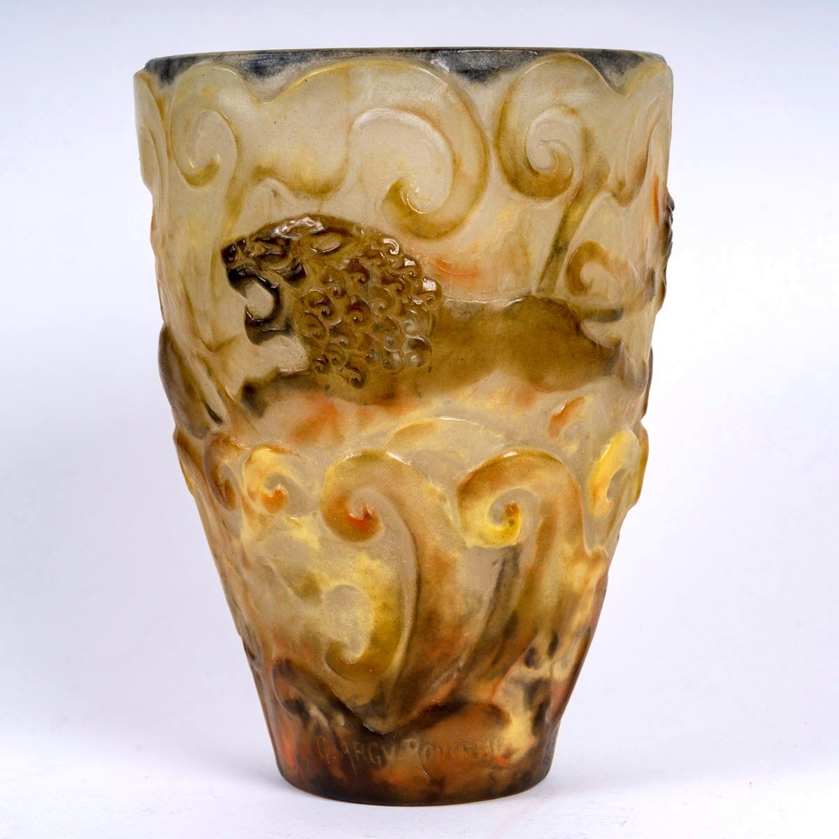 1926 Gabriel Argy-rousseau - Vase Lions Pâte De Verre-photo-2