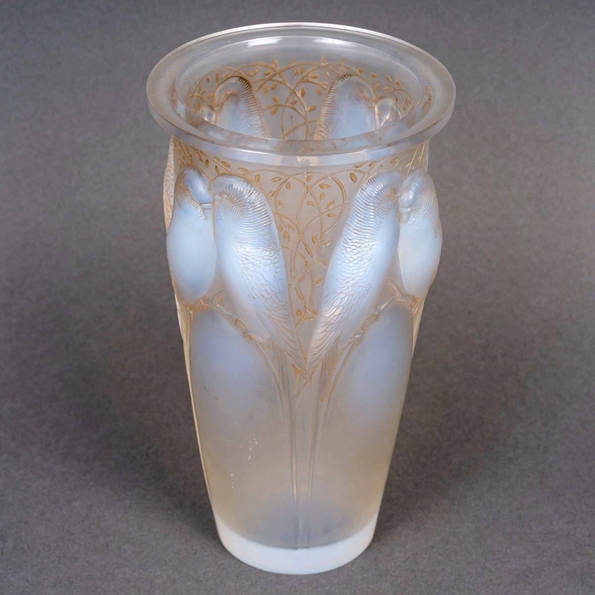 1924 René Lalique - Vase Ceylan Verre Opalescent Patiné Sépia-photo-3