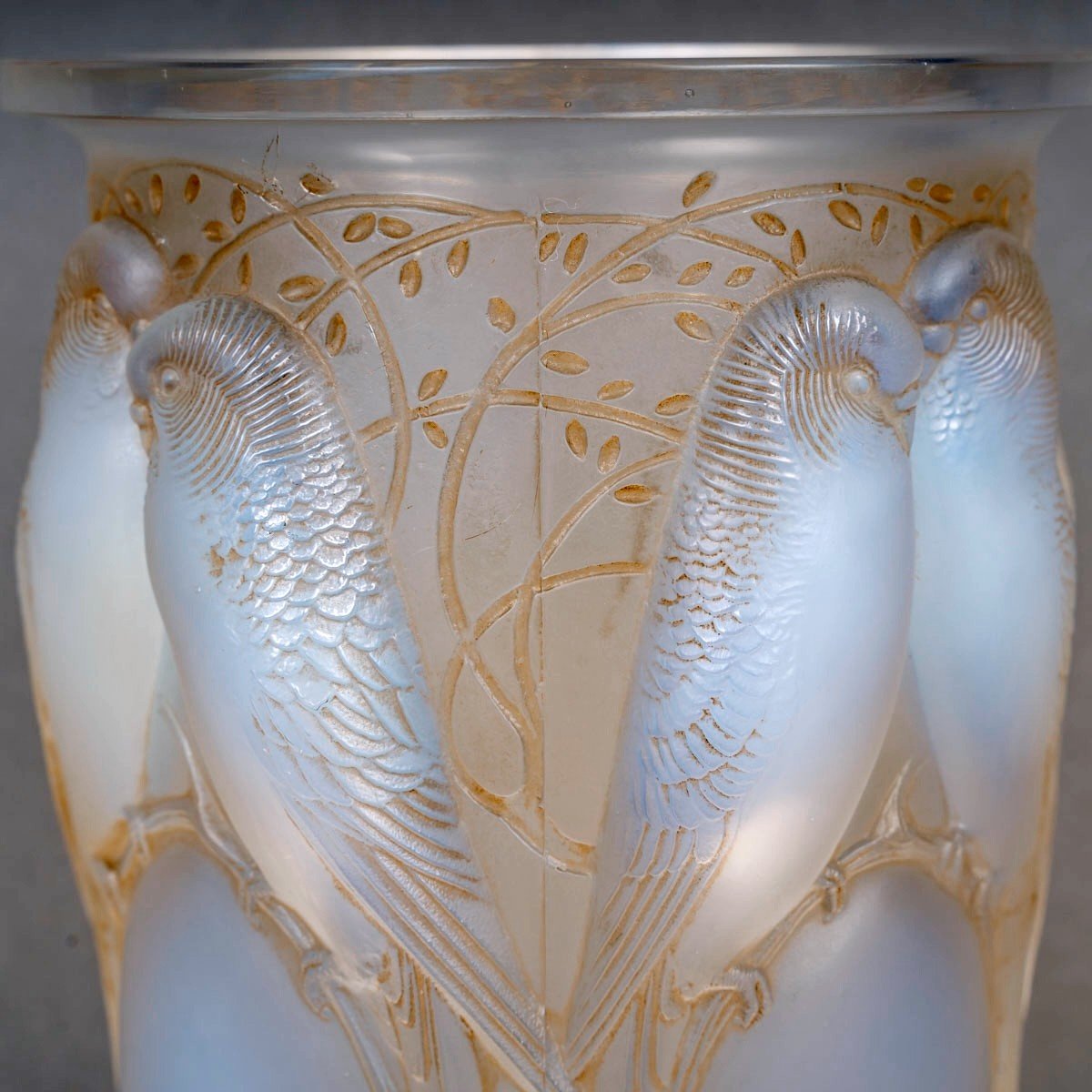 1924 René Lalique - Vase Ceylan Verre Opalescent Patiné Sépia-photo-1