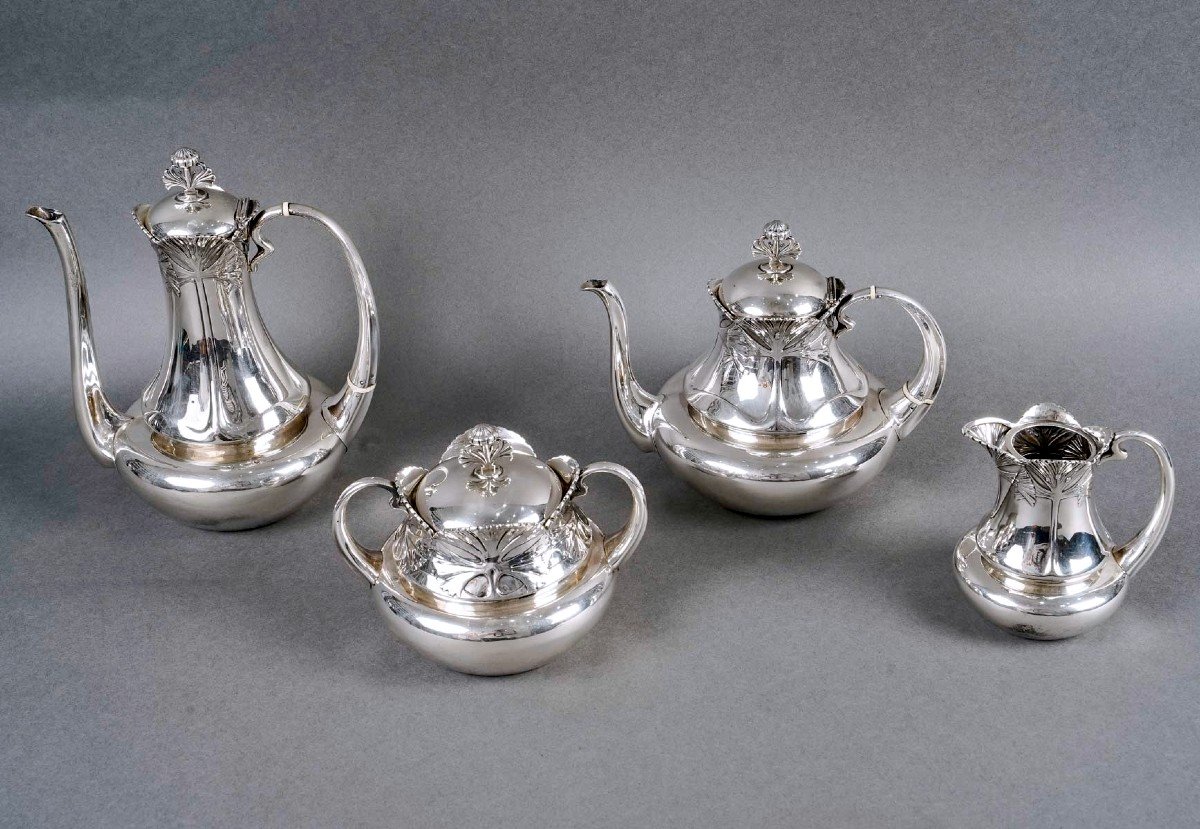 1900 Alphonse Debain - Art Nouveau Papyrus Tea Coffee Set Sterling Silver -photo-2