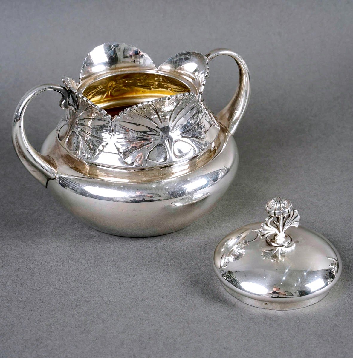 1900 Alphonse Debain - Art Nouveau Papyrus Tea Coffee Set Sterling Silver -photo-3