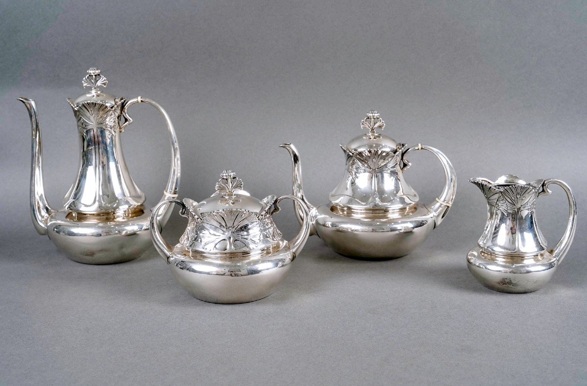 1900 Alphonse Debain - Art Nouveau Papyrus Tea Coffee Set Sterling Silver 