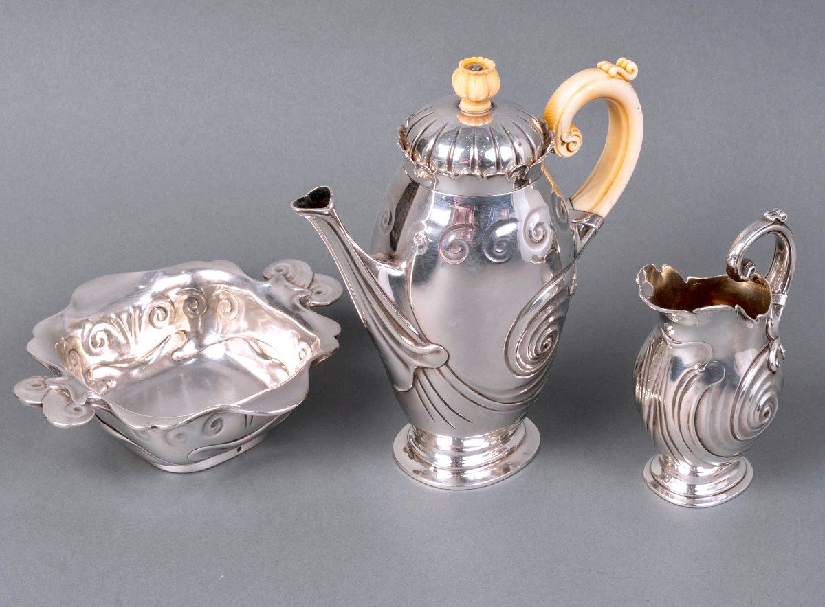 1900 Bonvallet Et Cardeilhac - Art Nouveau Tea Coffee Set Sterling Silver And Ivory-photo-2