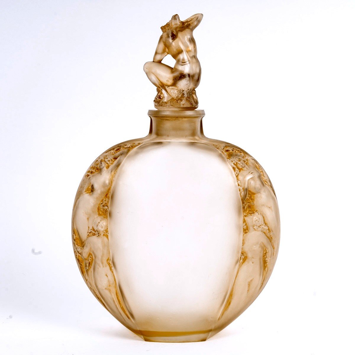 1920 René Lalique - Vase Méplat Sirènes Avec Bouchon Figurine Verre Blanc Patiné Sépia-photo-2