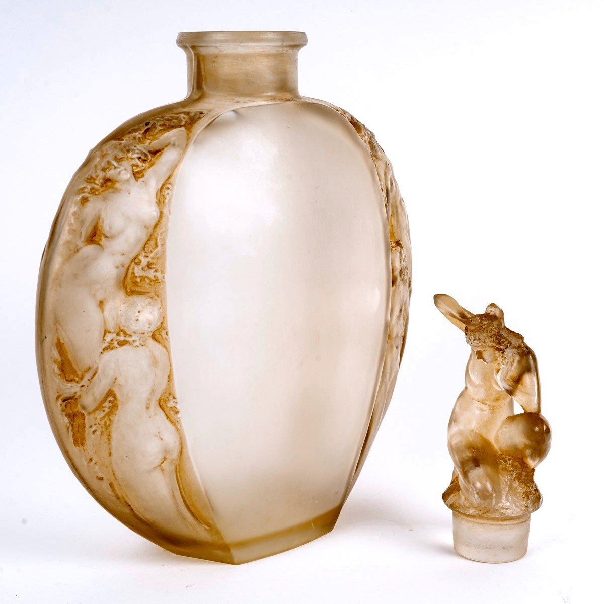 1920 René Lalique - Vase Méplat Sirènes Avec Bouchon Figurine Verre Blanc Patiné Sépia-photo-3