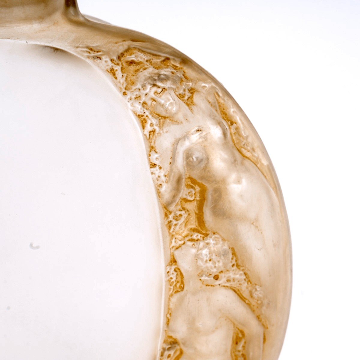 1920 René Lalique - Vase Méplat Sirènes Avec Bouchon Figurine Verre Blanc Patiné Sépia-photo-4