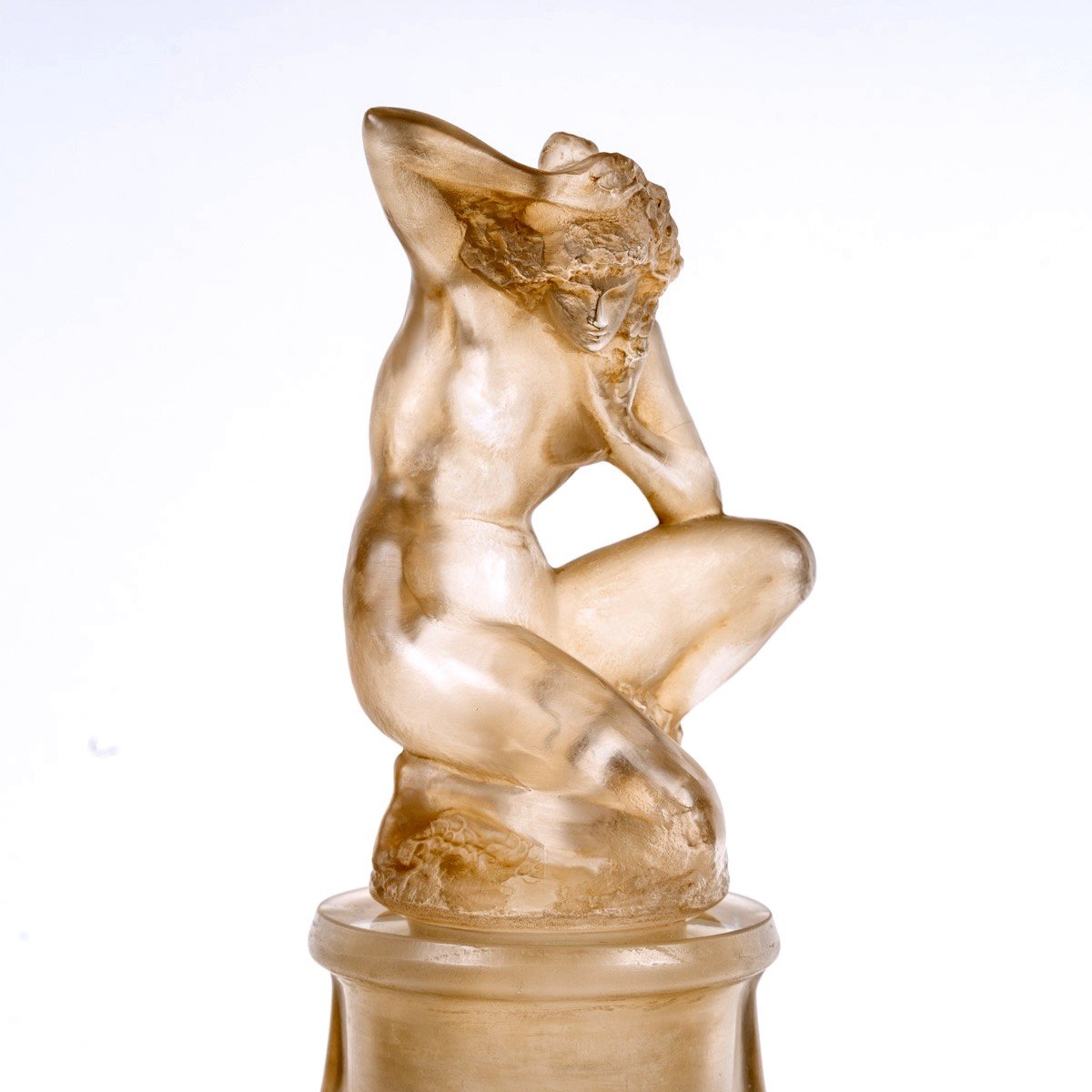 1920 René Lalique - Vase Méplat Sirènes Avec Bouchon Figurine Verre Blanc Patiné Sépia-photo-3