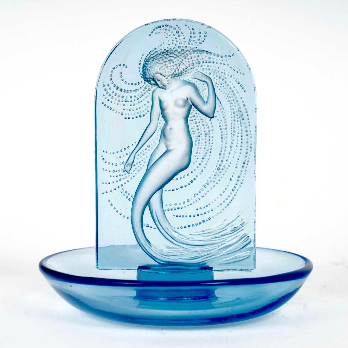 1930 René Lalique - Cendrier Baguier Naïade Verre Bleu 