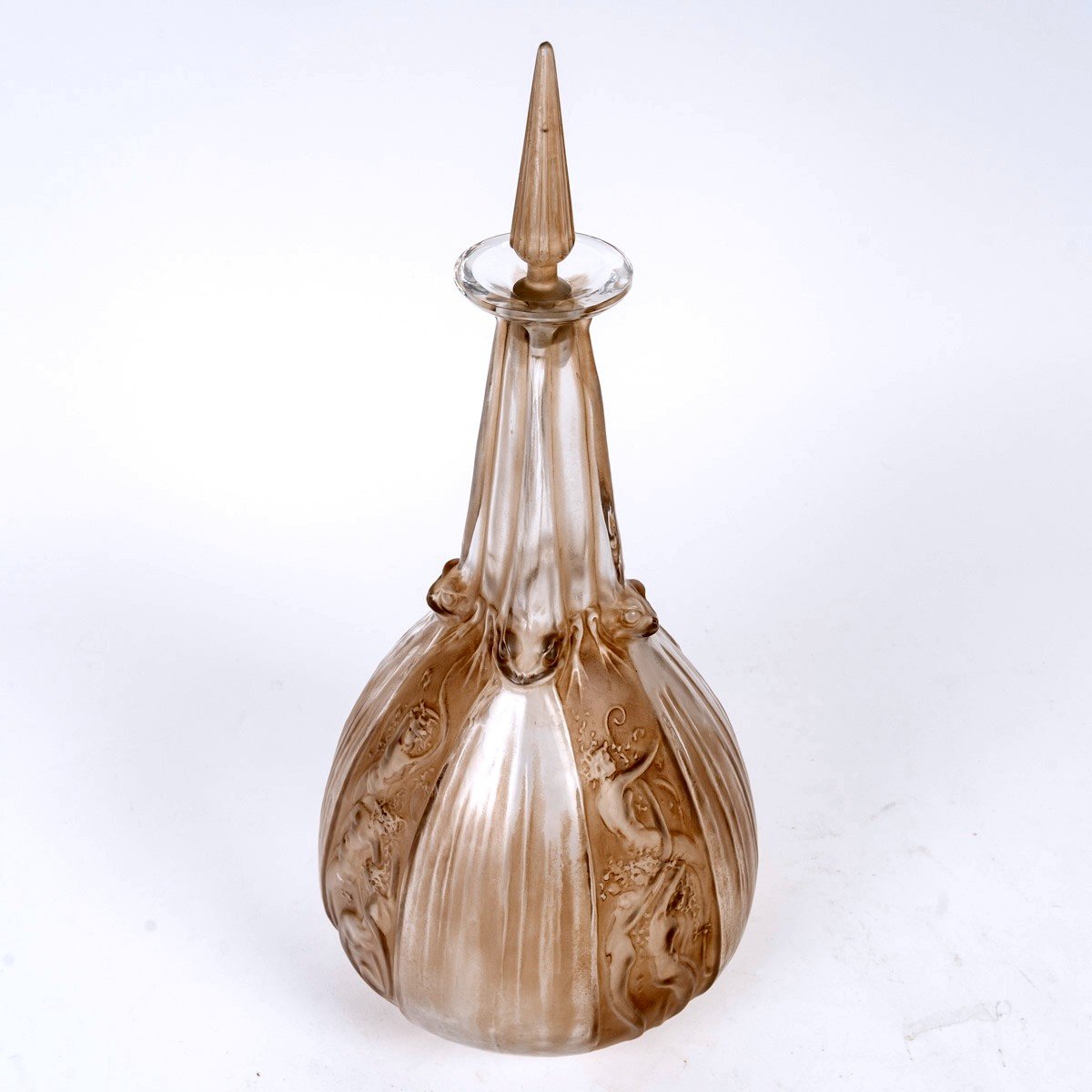 1911 René Lalique - Carafe Sirènes Et Grenouilles Verre Blanc Patiné Sépia-photo-2