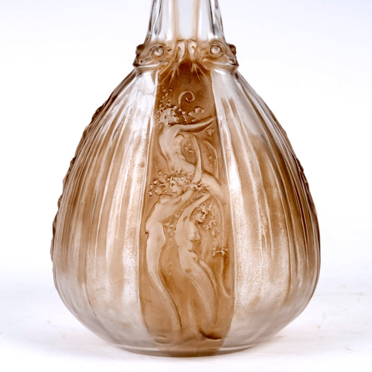 1911 René Lalique - Carafe Sirènes Et Grenouilles Verre Blanc Patiné Sépia-photo-4