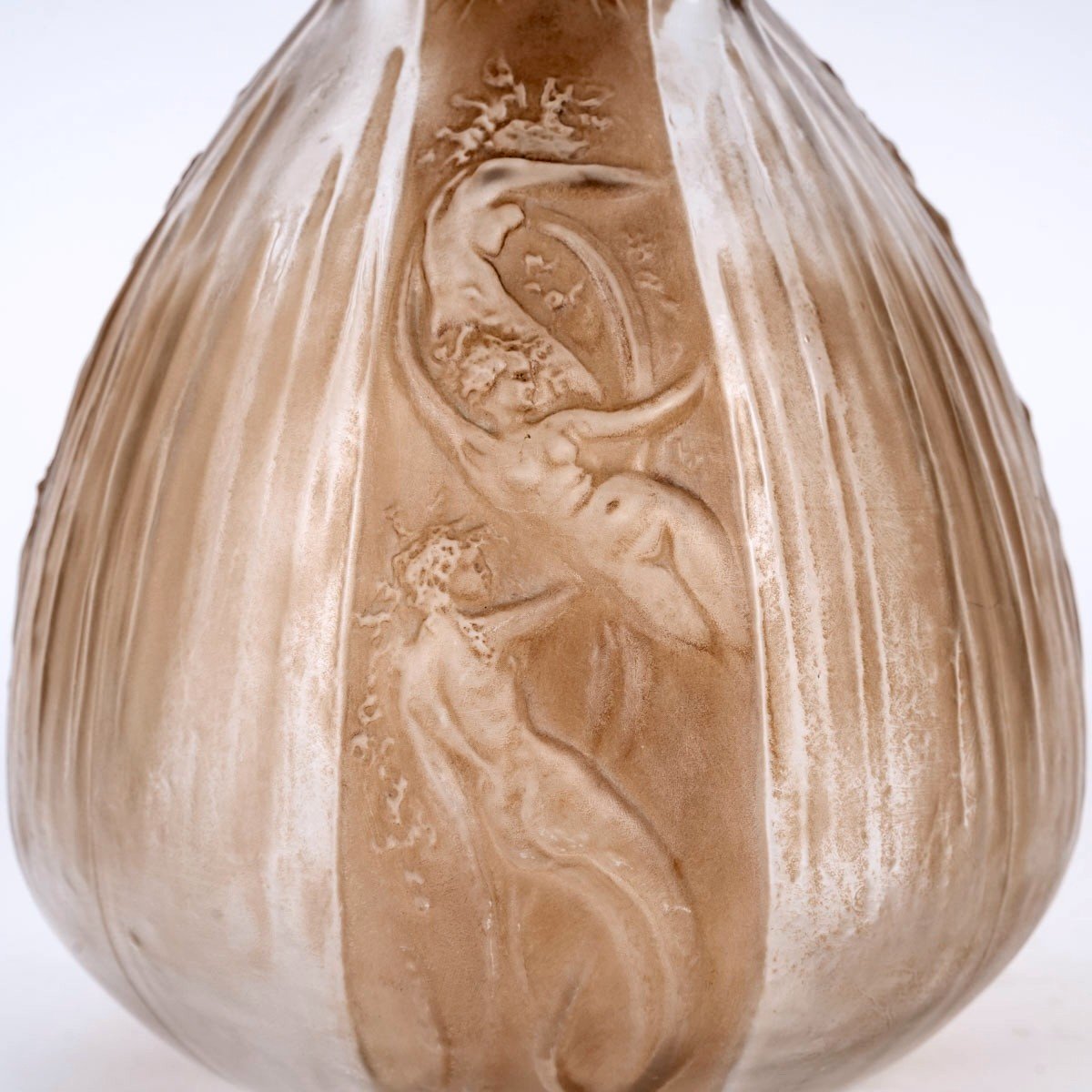 1911 René Lalique - Carafe Sirènes Et Grenouilles Verre Blanc Patiné Sépia-photo-2