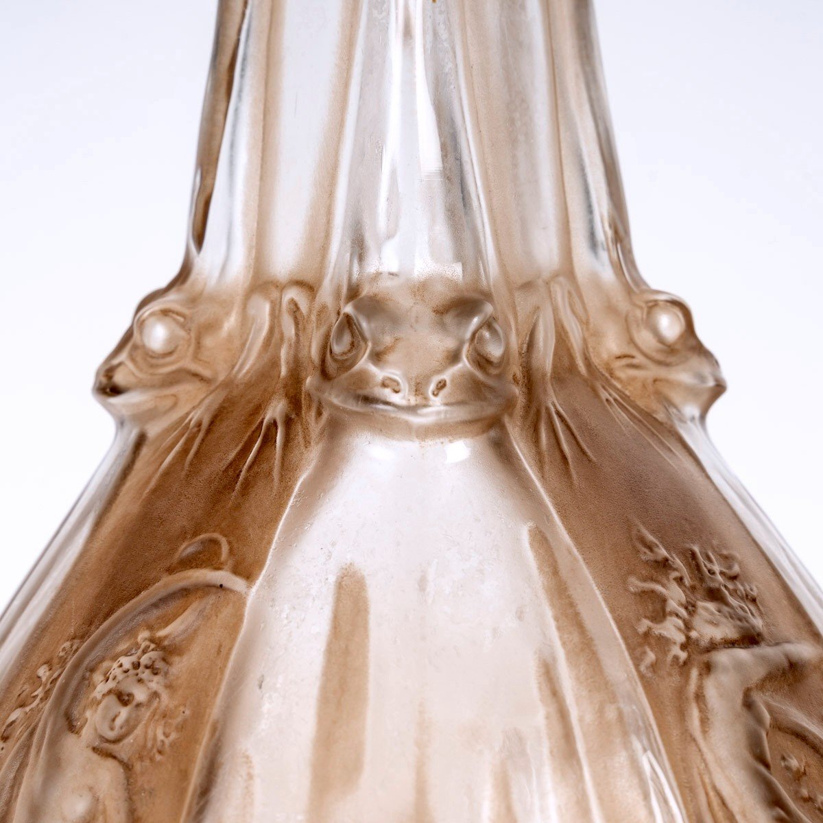 1911 René Lalique - Carafe Sirènes Et Grenouilles Verre Blanc Patiné Sépia-photo-3