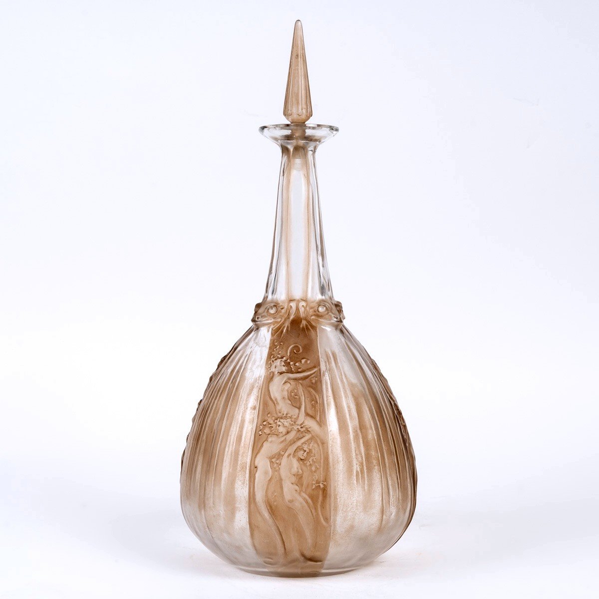 1911 René Lalique - Carafe Sirènes Et Grenouilles Verre Blanc Patiné Sépia