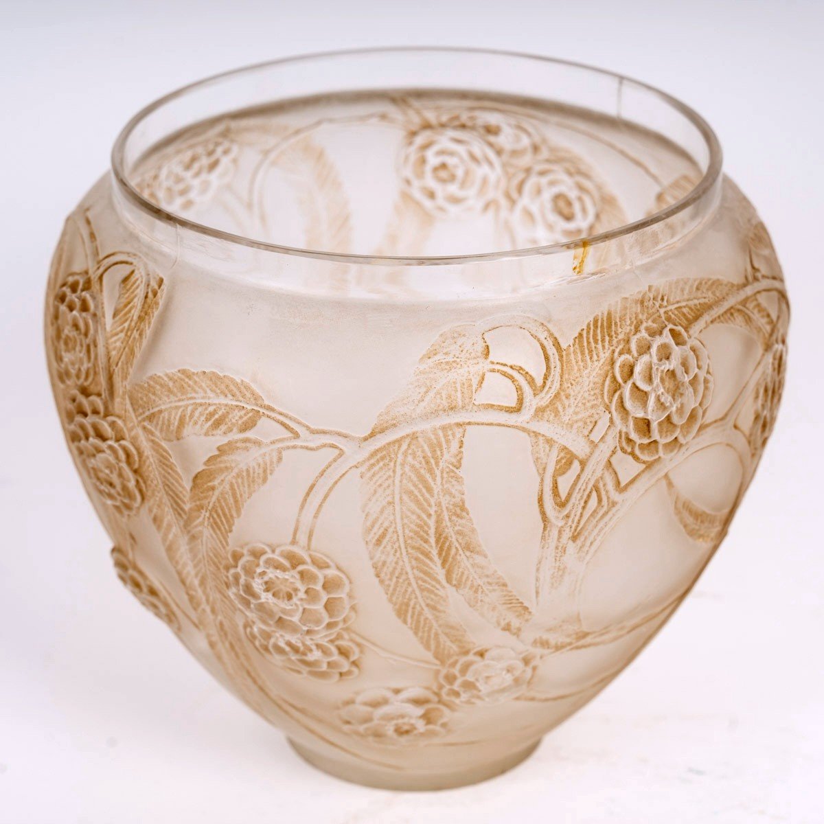 1923 René Lalique - Vase Nefliers Frosted Glass With Sepia Patina-photo-3