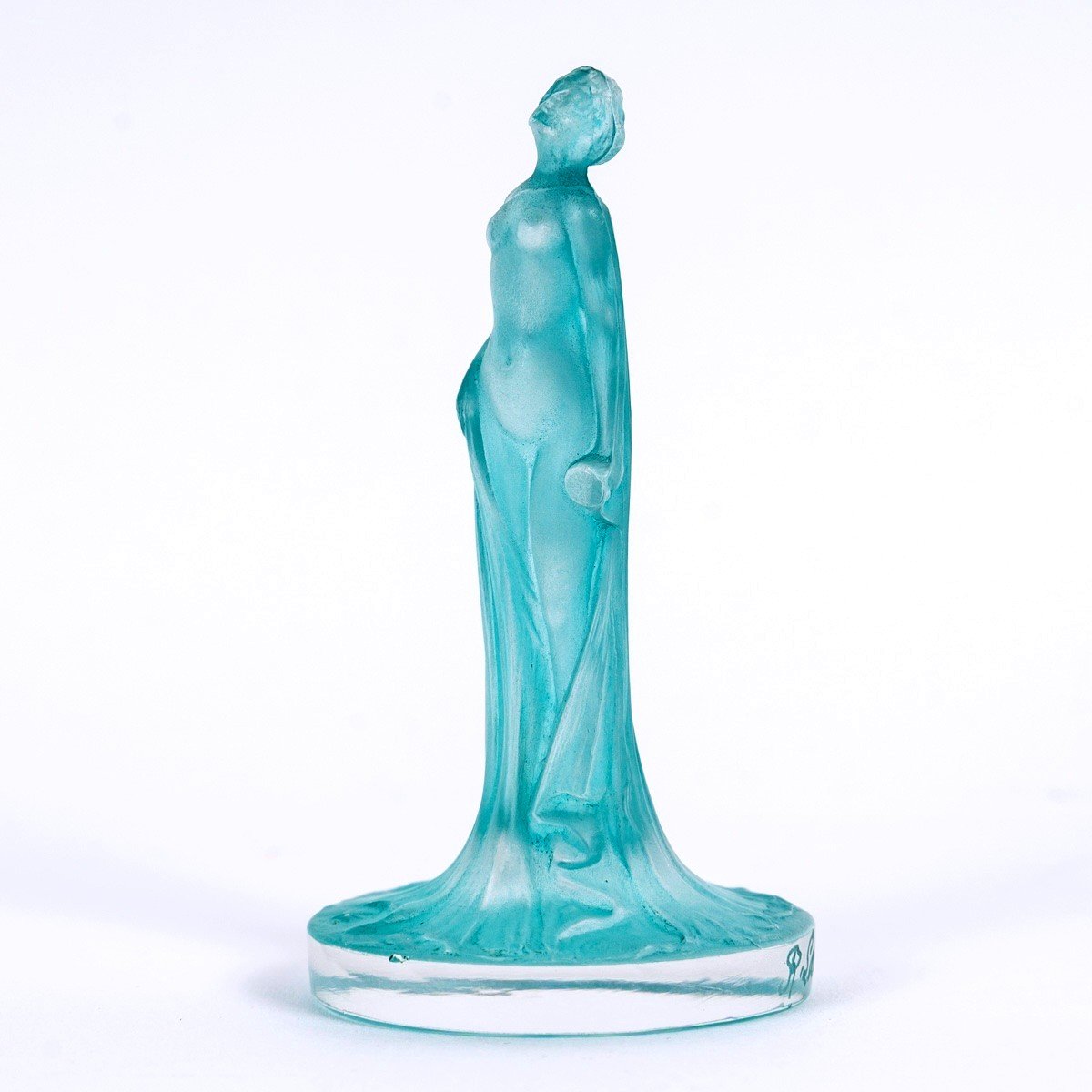 1912 René Lalique - Seal Stamp Statuette Drapee Glass With Turquoise Patina-photo-2