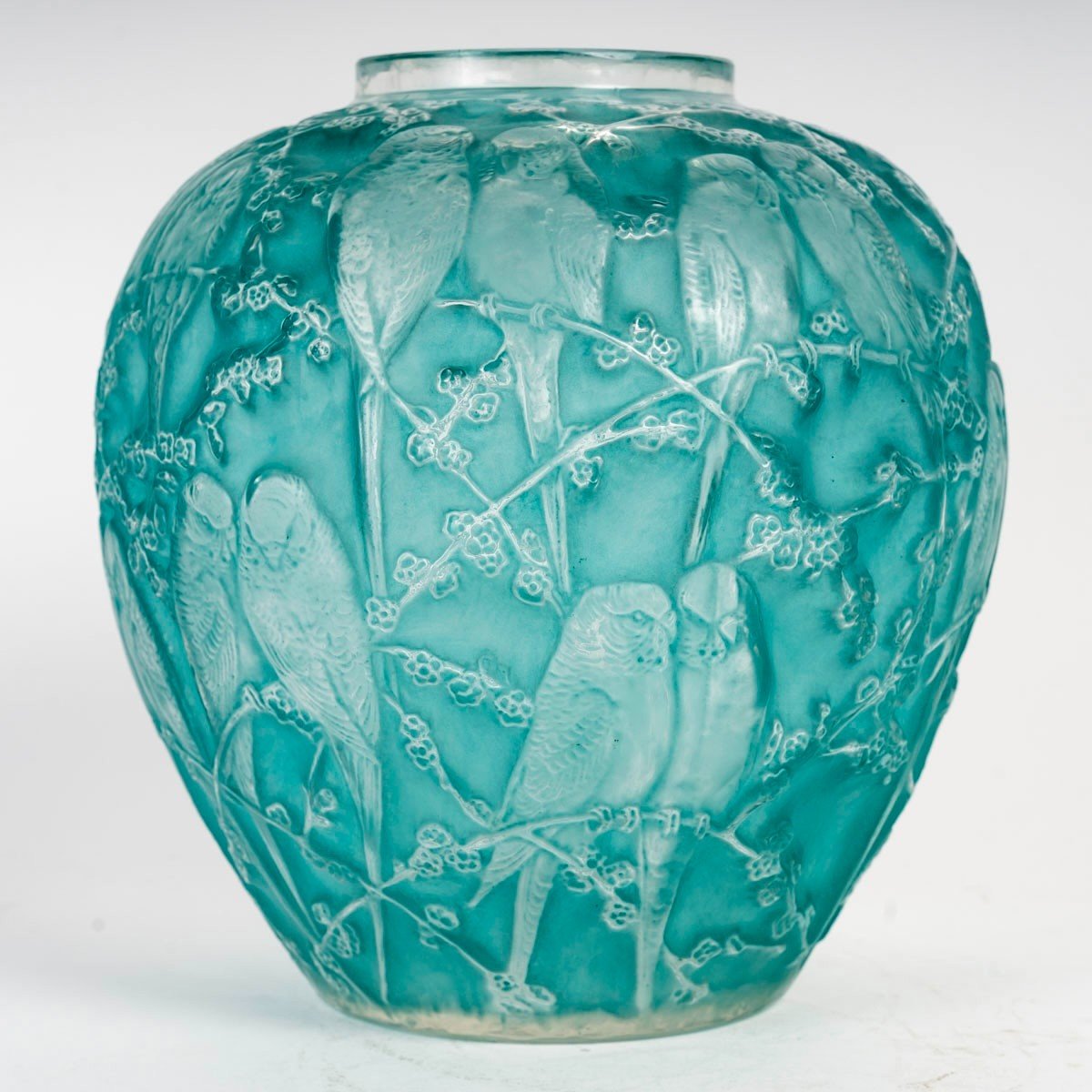 1919 René Lalique - Vase Perruches Verre Blanc Patiné Turquoise-photo-2