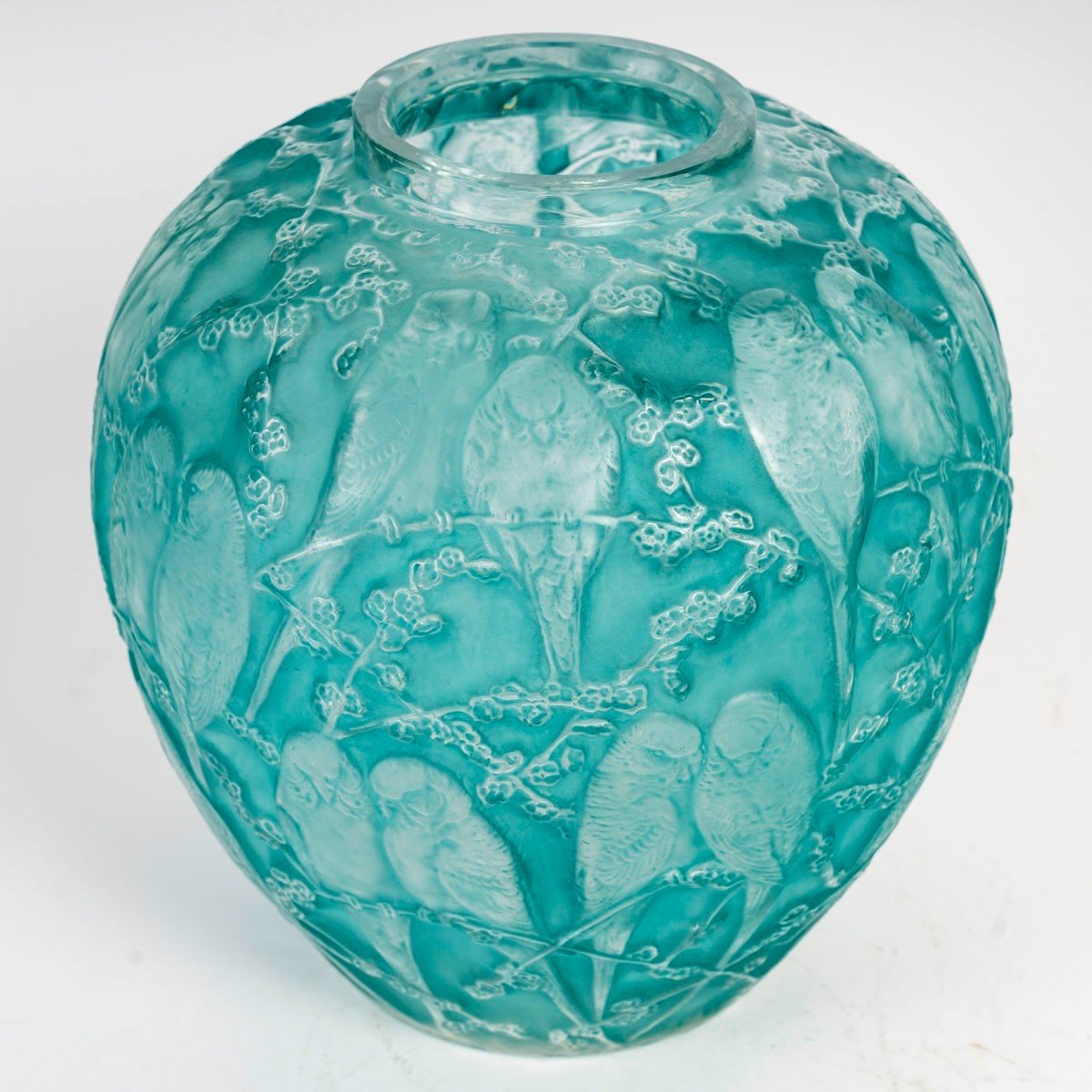 1919 René Lalique - Vase Perruches Verre Blanc Patiné Turquoise-photo-3