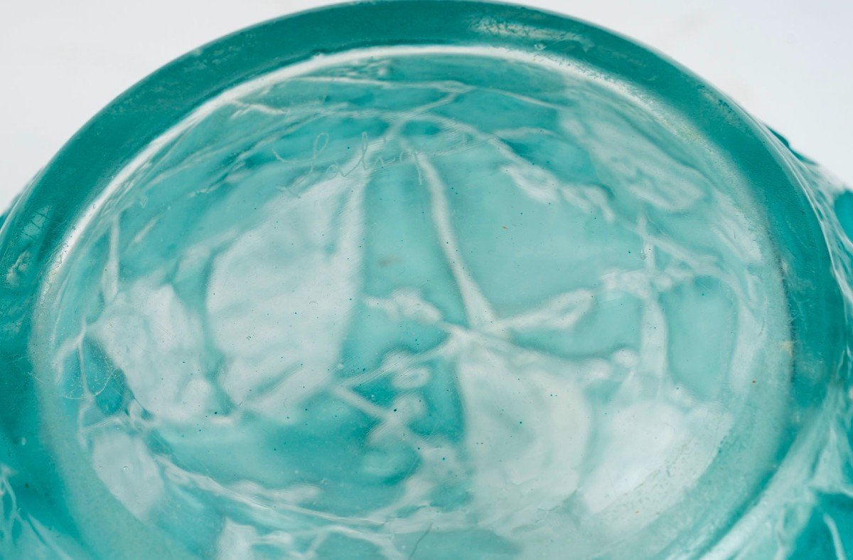 1919 René Lalique - Vase Perruches Verre Blanc Patiné Turquoise-photo-1