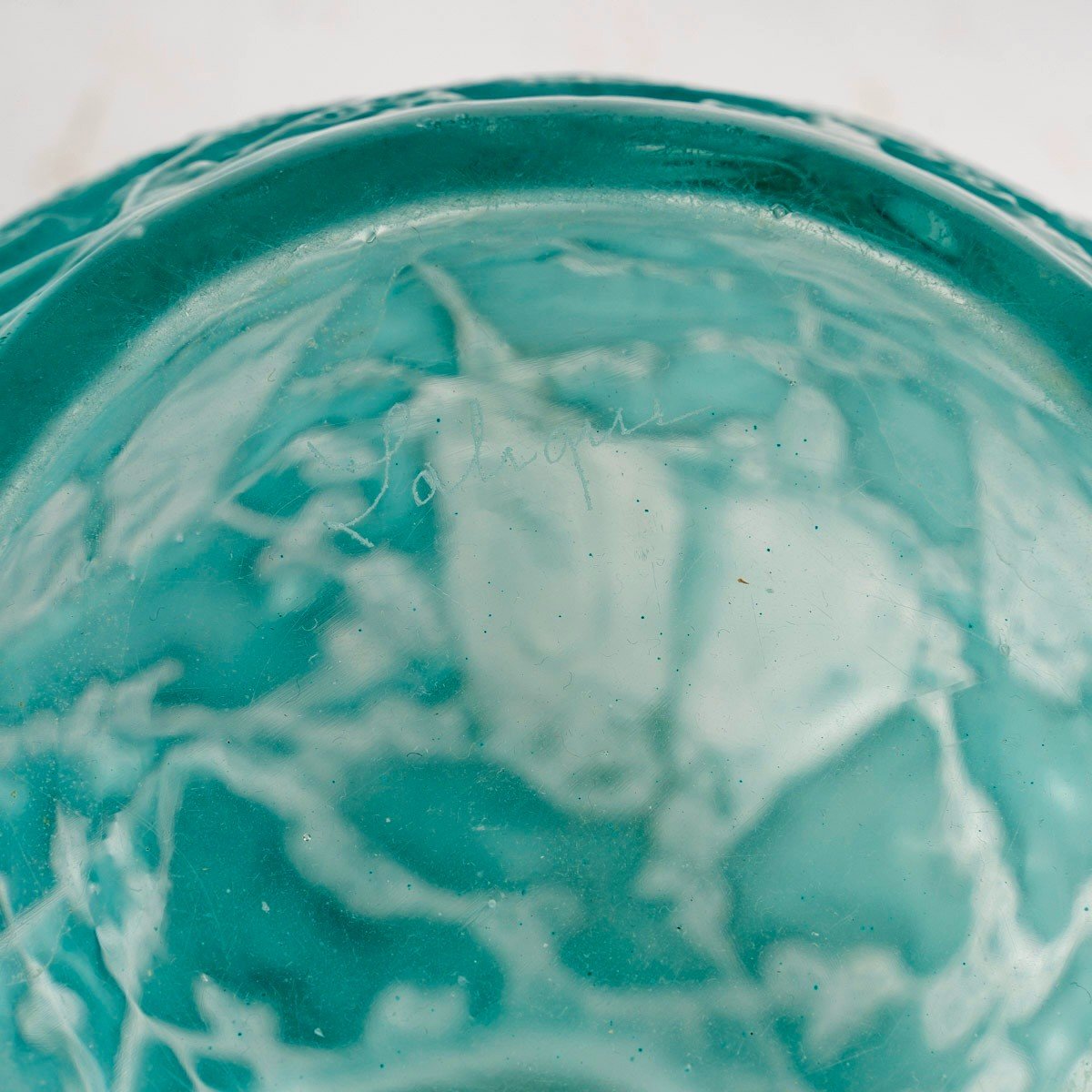 1919 René Lalique - Vase Perruches Verre Blanc Patiné Turquoise-photo-2