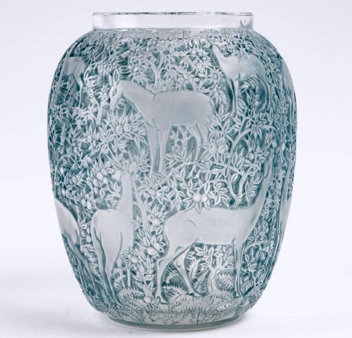 1932 René Lalique - Vase Biches Verre Blanc Patiné Bleu-photo-2