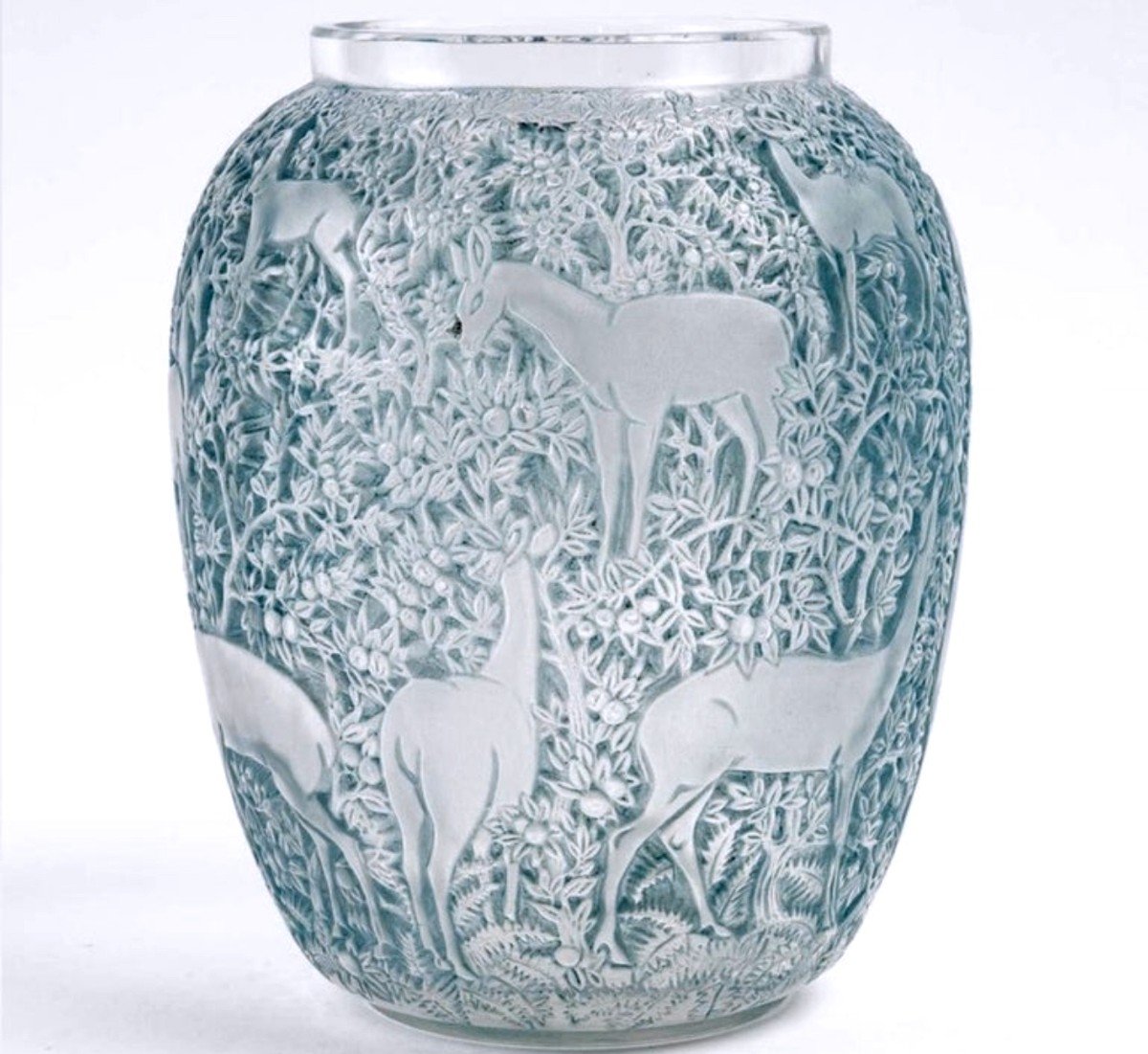 1932 René Lalique - Vase Biches Verre Blanc Patiné Bleu-photo-3