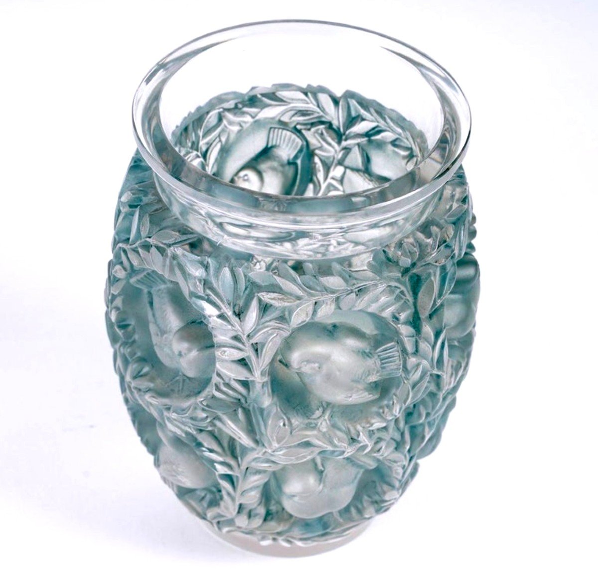 1939 René Lalique - Vase Bagatelle Verre Blanc Patiné Bleu-photo-2