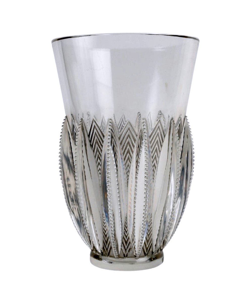 1934 René Lalique - Vase Gerardmer Verre Blanc Patiné Gris