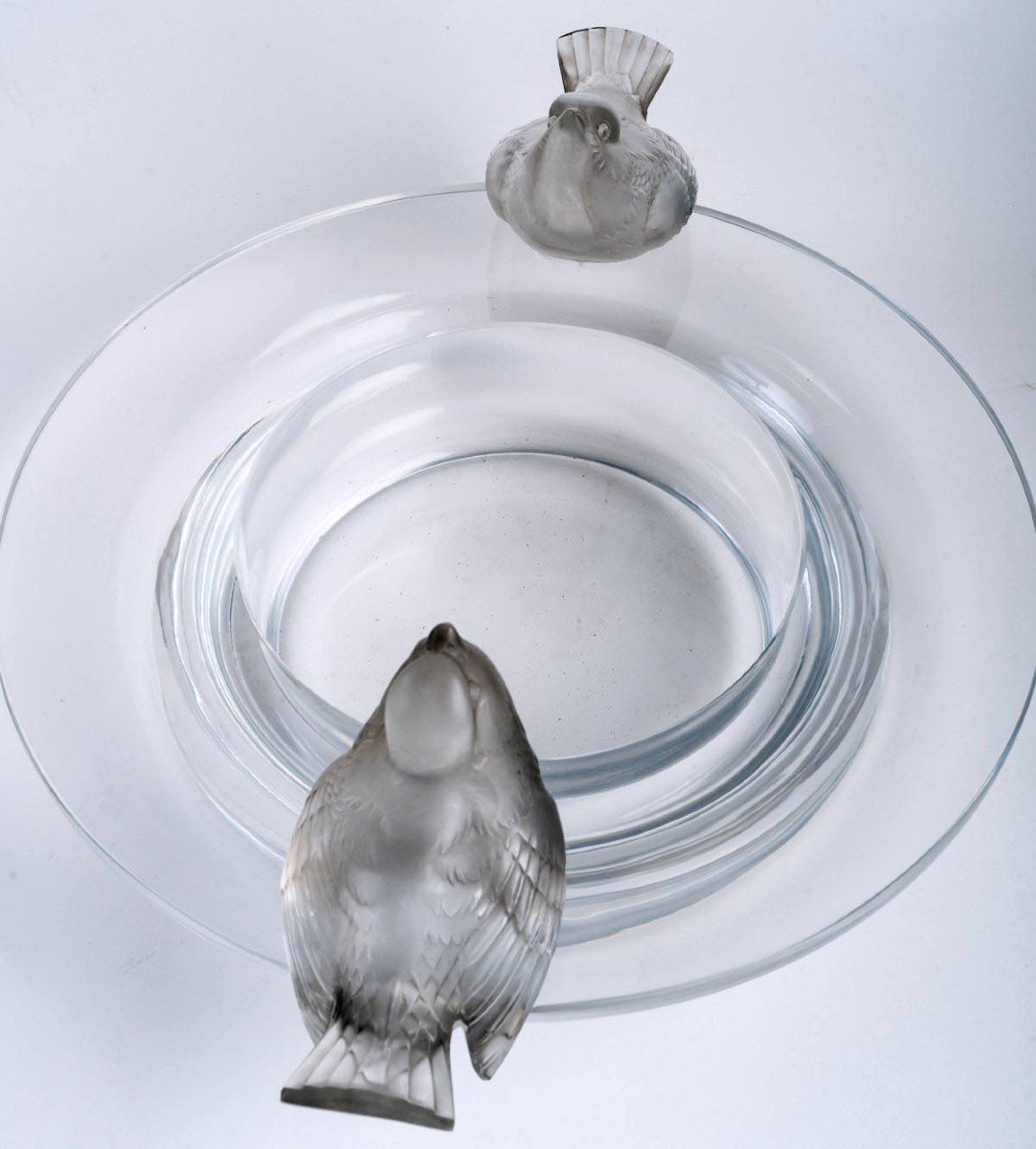 1930 René Lalique - Coupe Deux Moineaux Moqueurs Verre Blanc Patiné Gris-photo-1