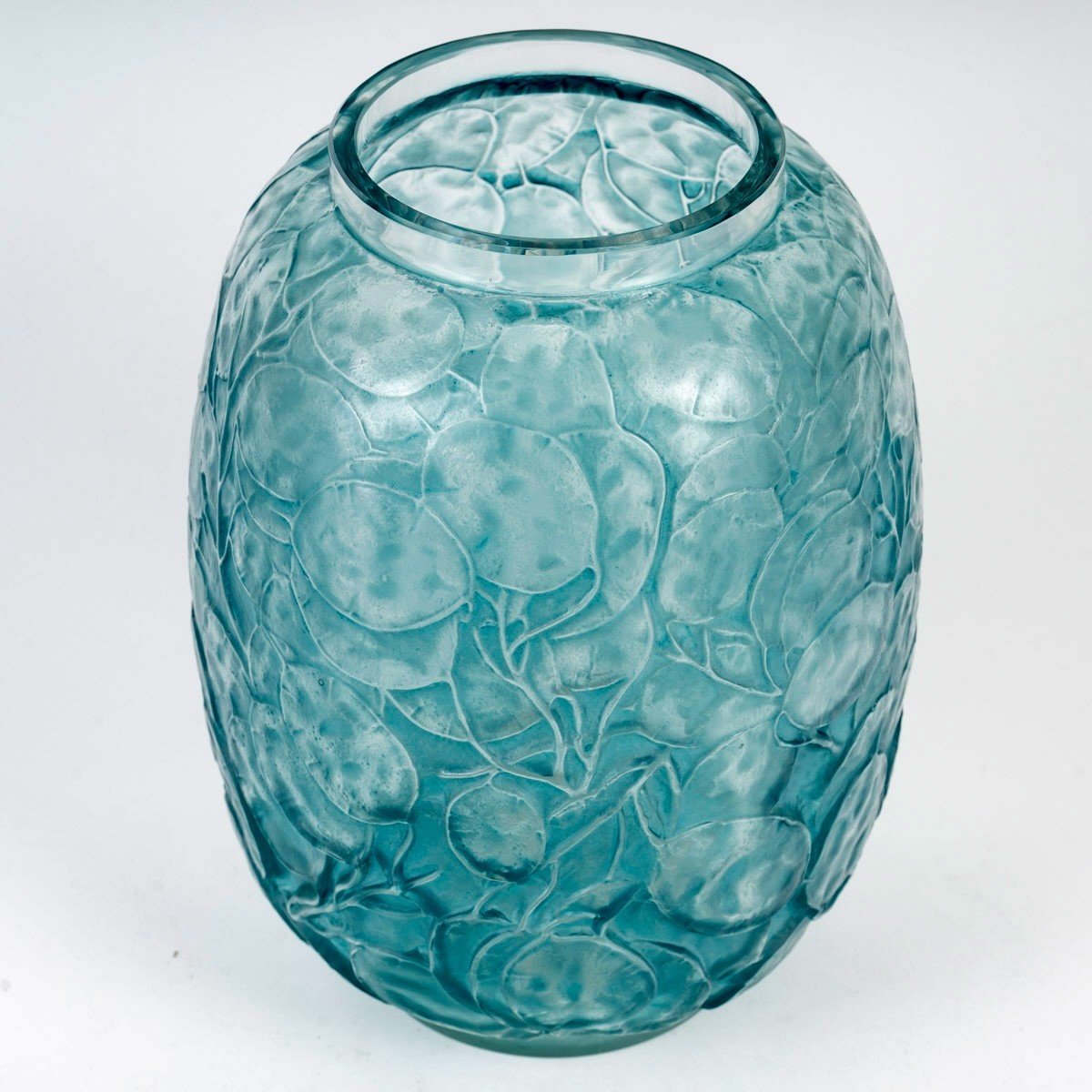 1914 René Lalique - Vase Monnaie Du Pape Glass With Turquoise Blue Patina-photo-2