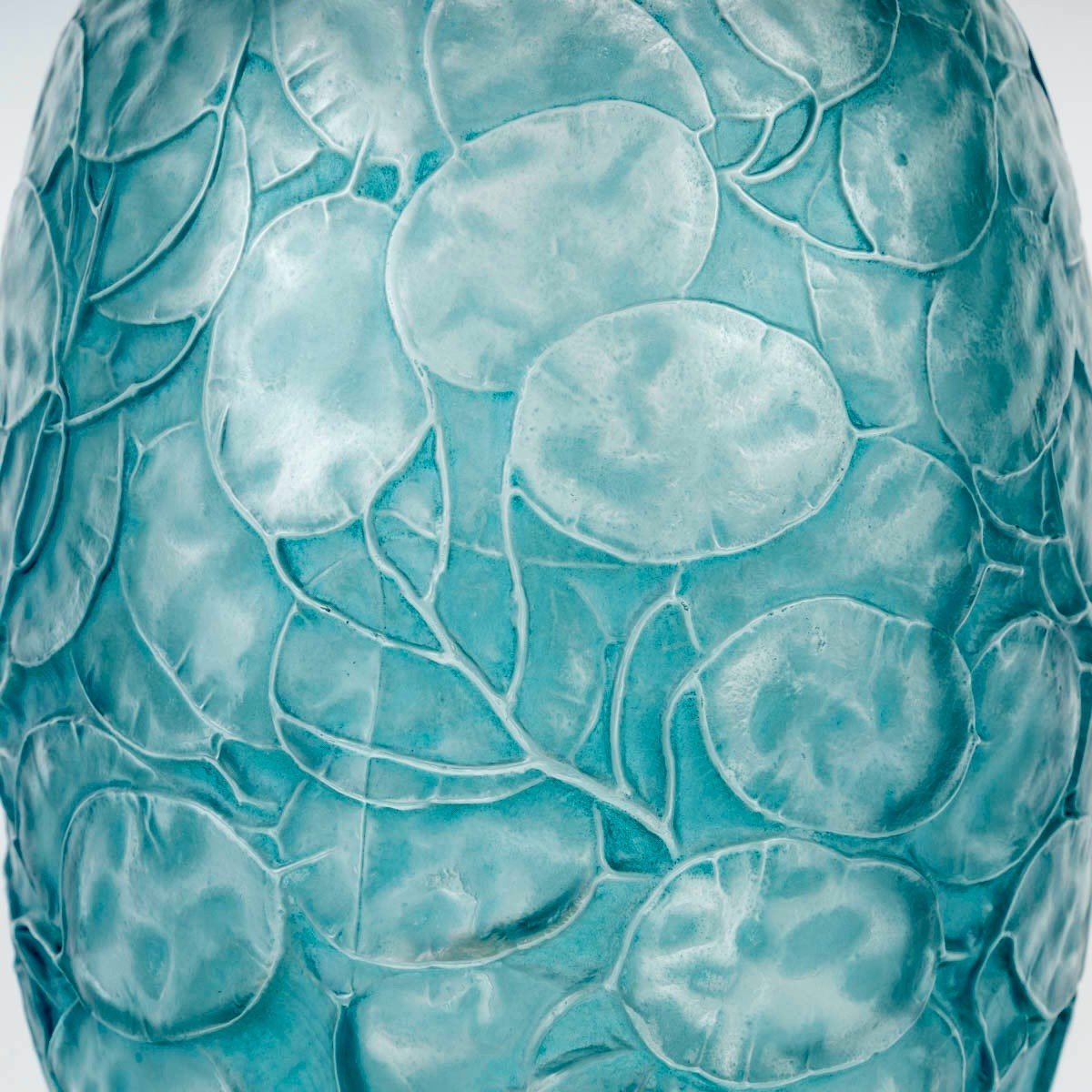 1914 René Lalique - Vase Monnaie Du Pape Glass With Turquoise Blue Patina-photo-4