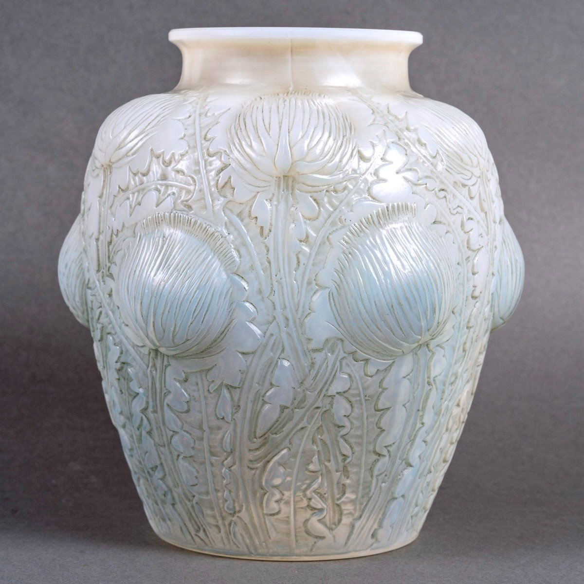 1926 René Lalique - Vase Domrémy Verre Opalescent Patiné Bleu Gris-photo-2