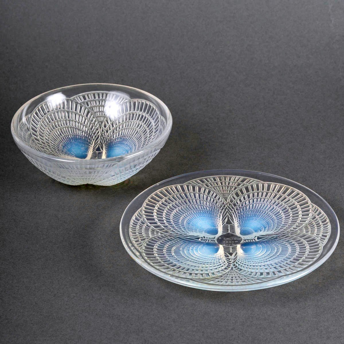 1924 René Lalique - Coquilles Dishes 8 Bowls Cups And 8 Plates Opalescent Glass-photo-2