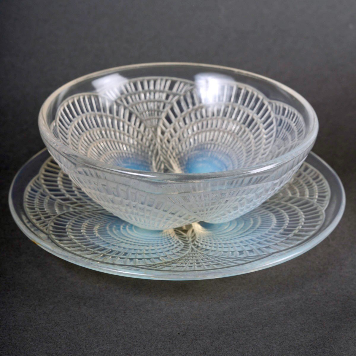 1924 René Lalique - Coquilles Dishes 8 Bowls Cups And 8 Plates Opalescent Glass-photo-3