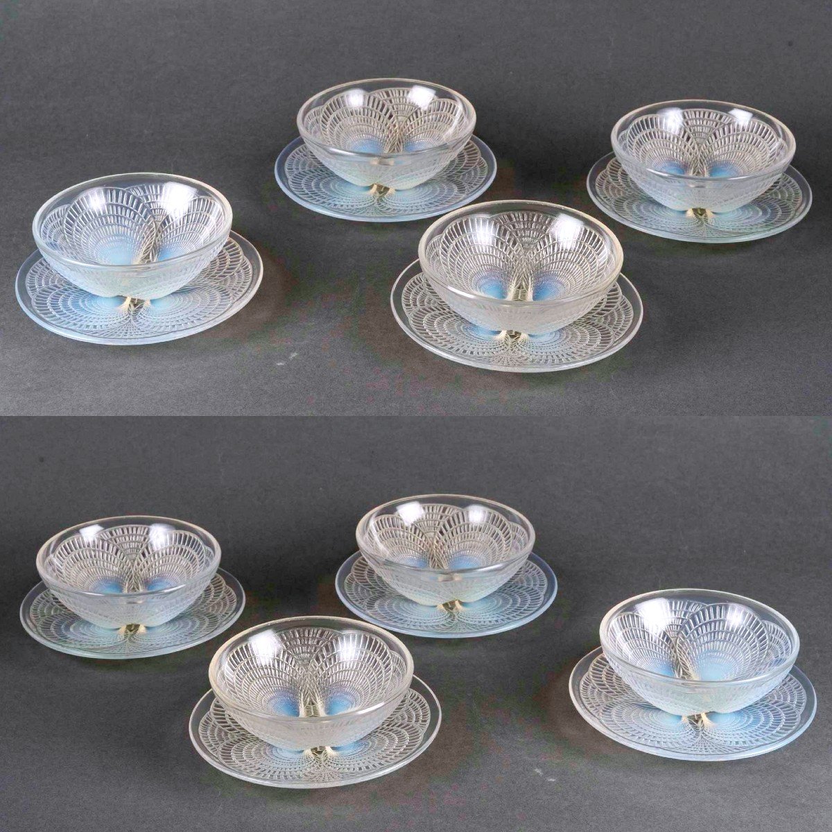 1924 René Lalique - Coquilles Dishes 8 Bowls Cups And 8 Plates Opalescent Glass