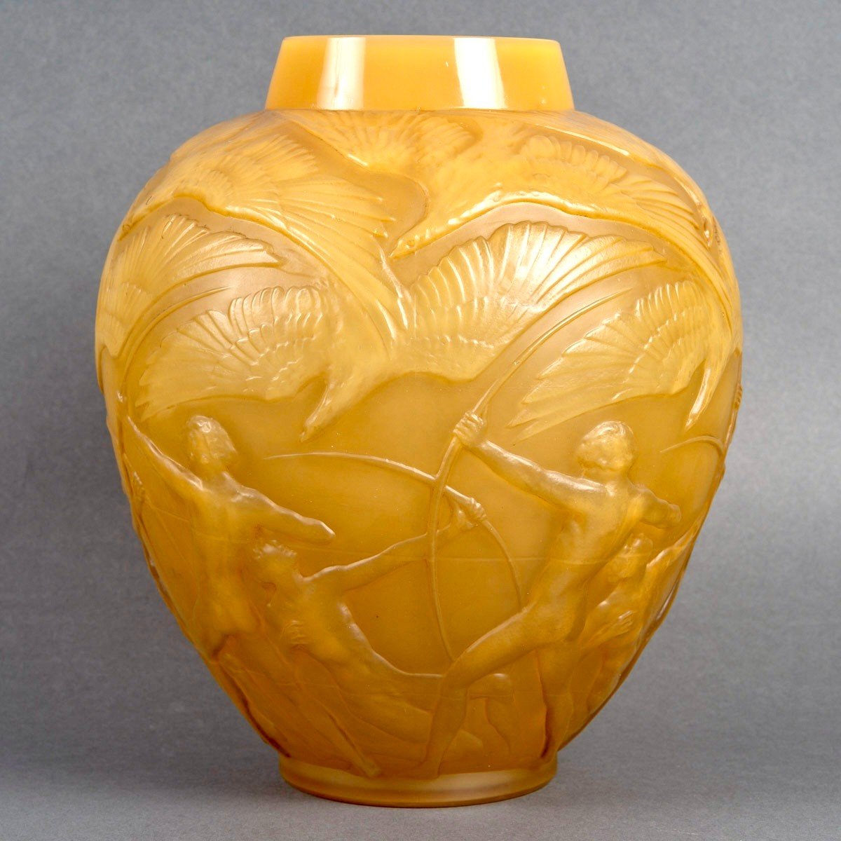 1921 René Lalique - Vase Archers Verre Butterscotch Patiné Sépia-photo-2