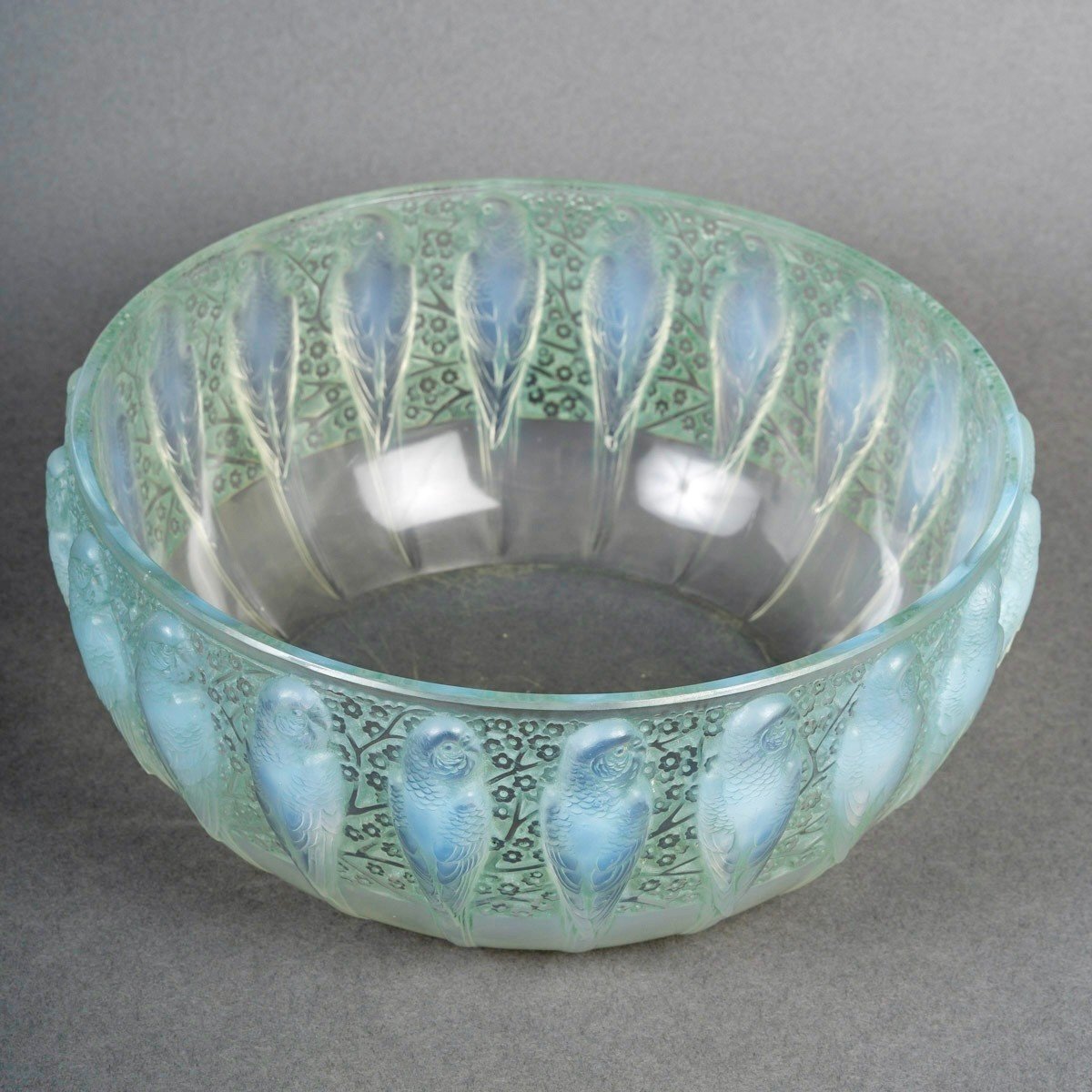 1931 René Lalique - Bowl Perruches Parrots Opalescent Glass With Green Patina-photo-2