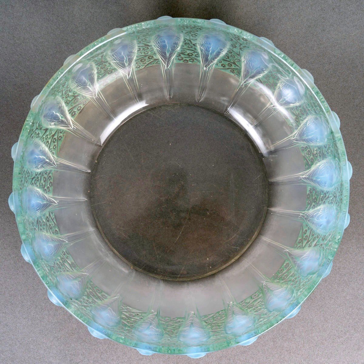 1931 René Lalique - Bowl Perruches Parrots Opalescent Glass With Green Patina-photo-3