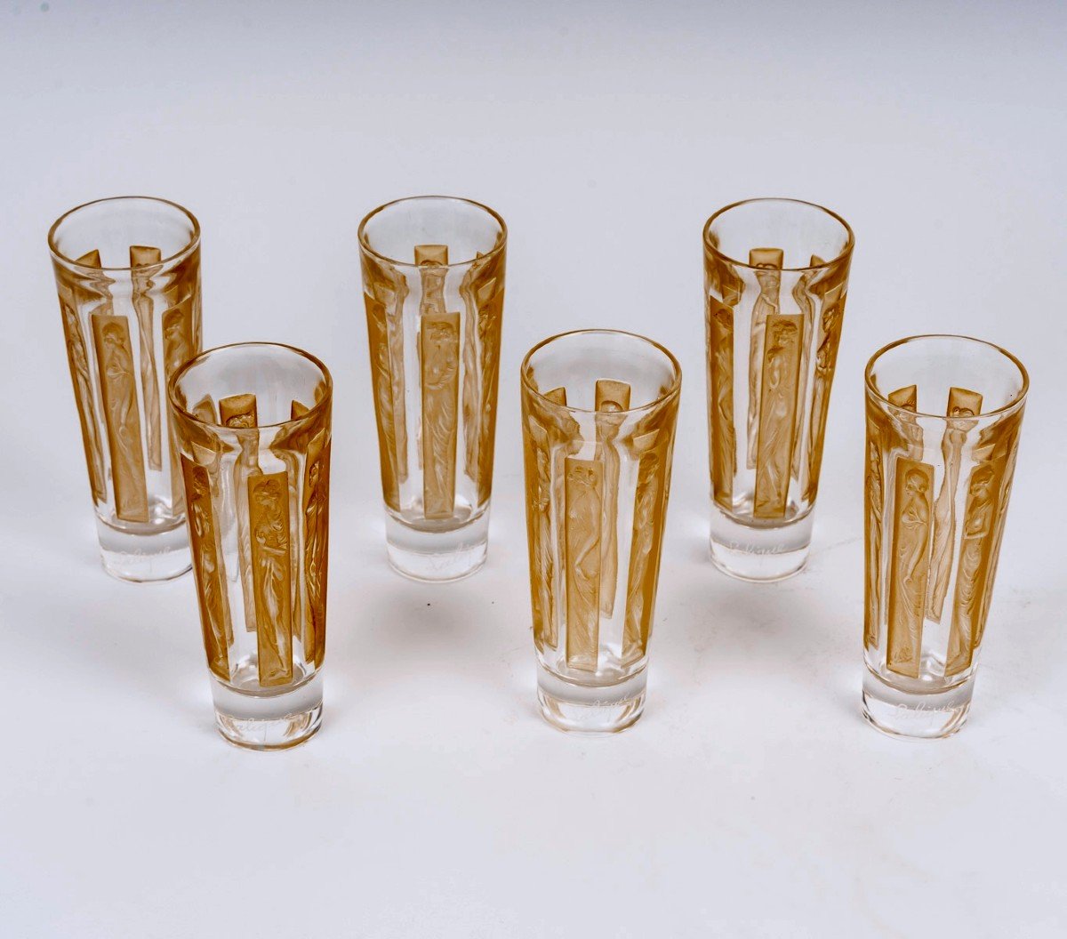 1911 René Lalique - Suite De 6 Gobelets Verres Six Figurines Verre Blanc Patiné Sépia-photo-2