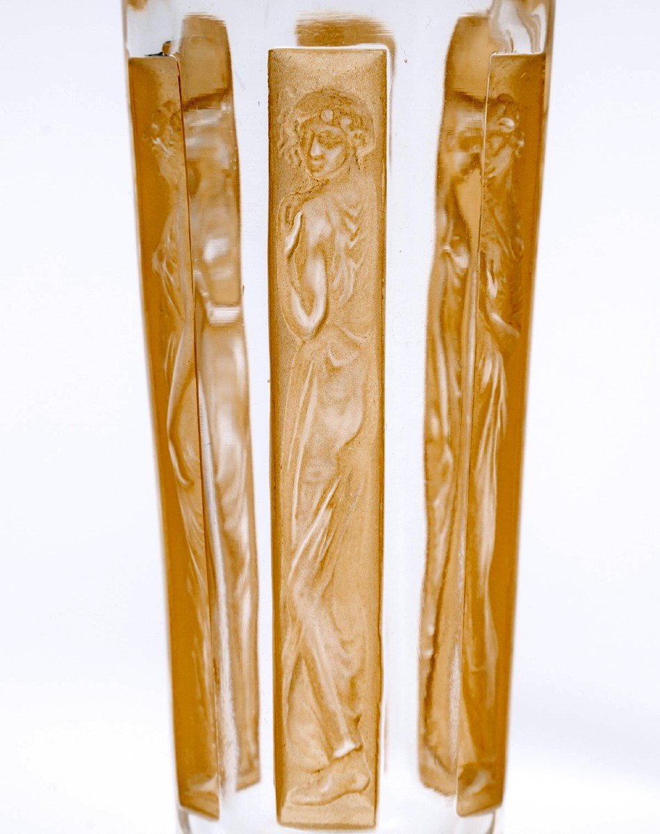 1911 René Lalique - Suite De 6 Gobelets Verres Six Figurines Verre Blanc Patiné Sépia-photo-3