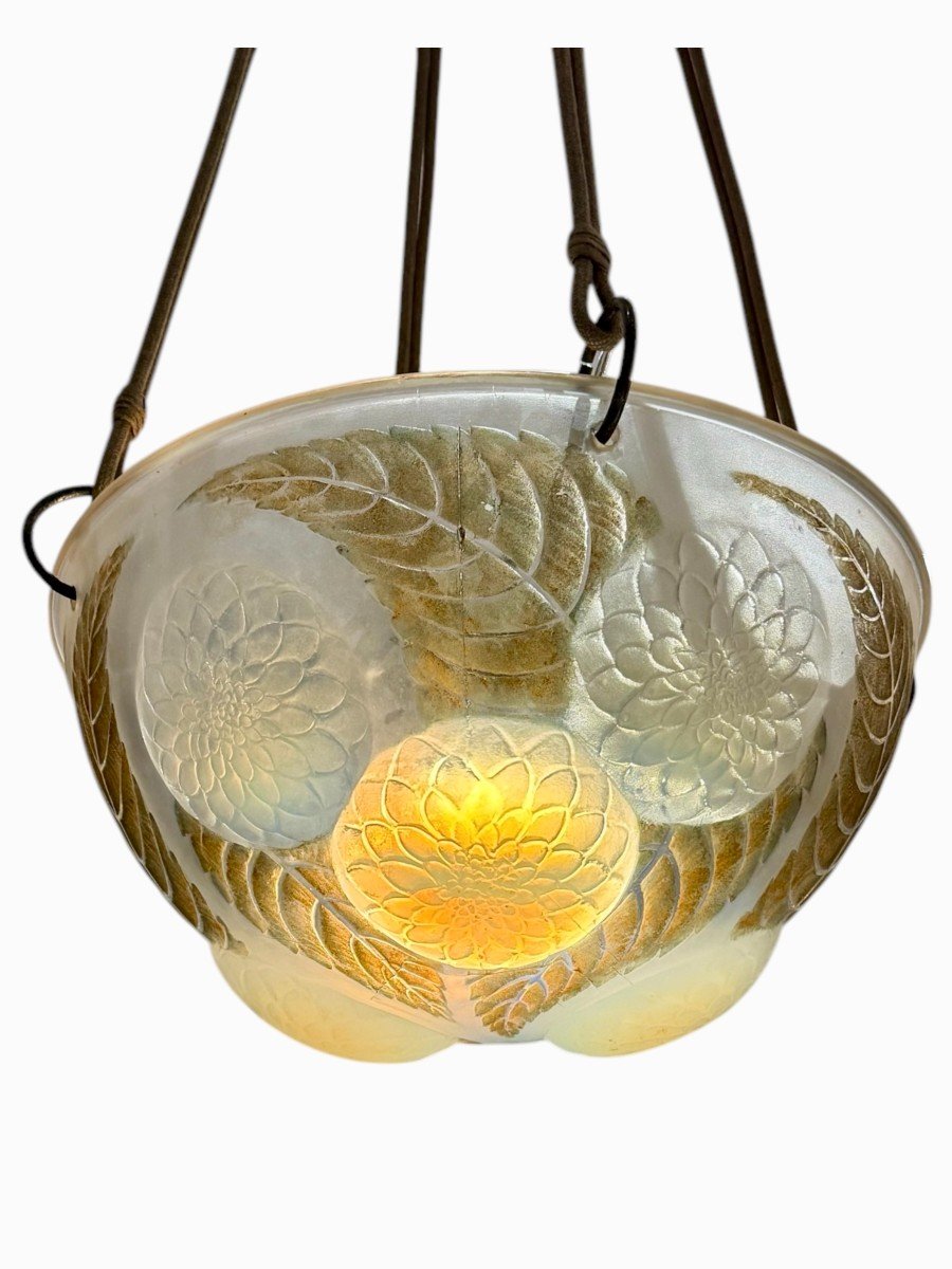 1921 René Lalique - Chandelier Dahlias Opalescent Glass With Sepia Patina-photo-2